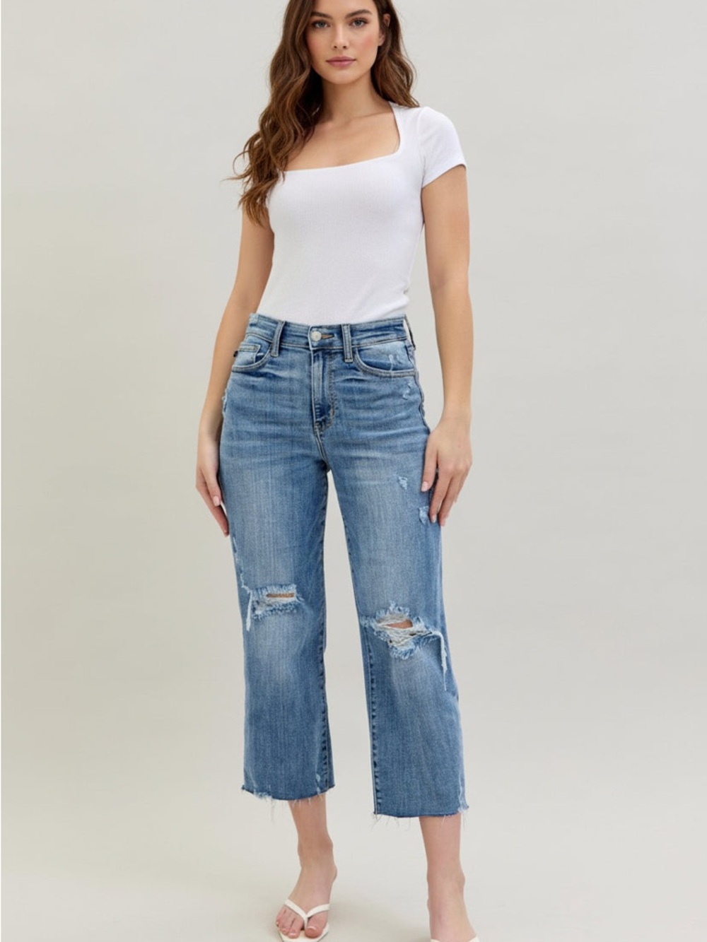 Judy Blue High Waist Distressed Crop 32 Wide Leg Jeans Medium Wash Stretch